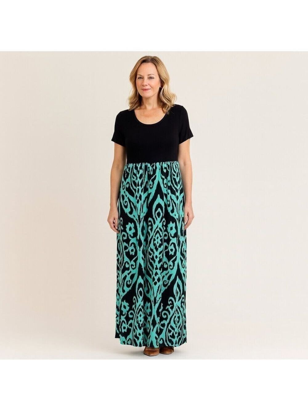 NWT XL Women's Boutique Maxi Dress -Black & Turquoise Tribal Print, Flowy & Chic